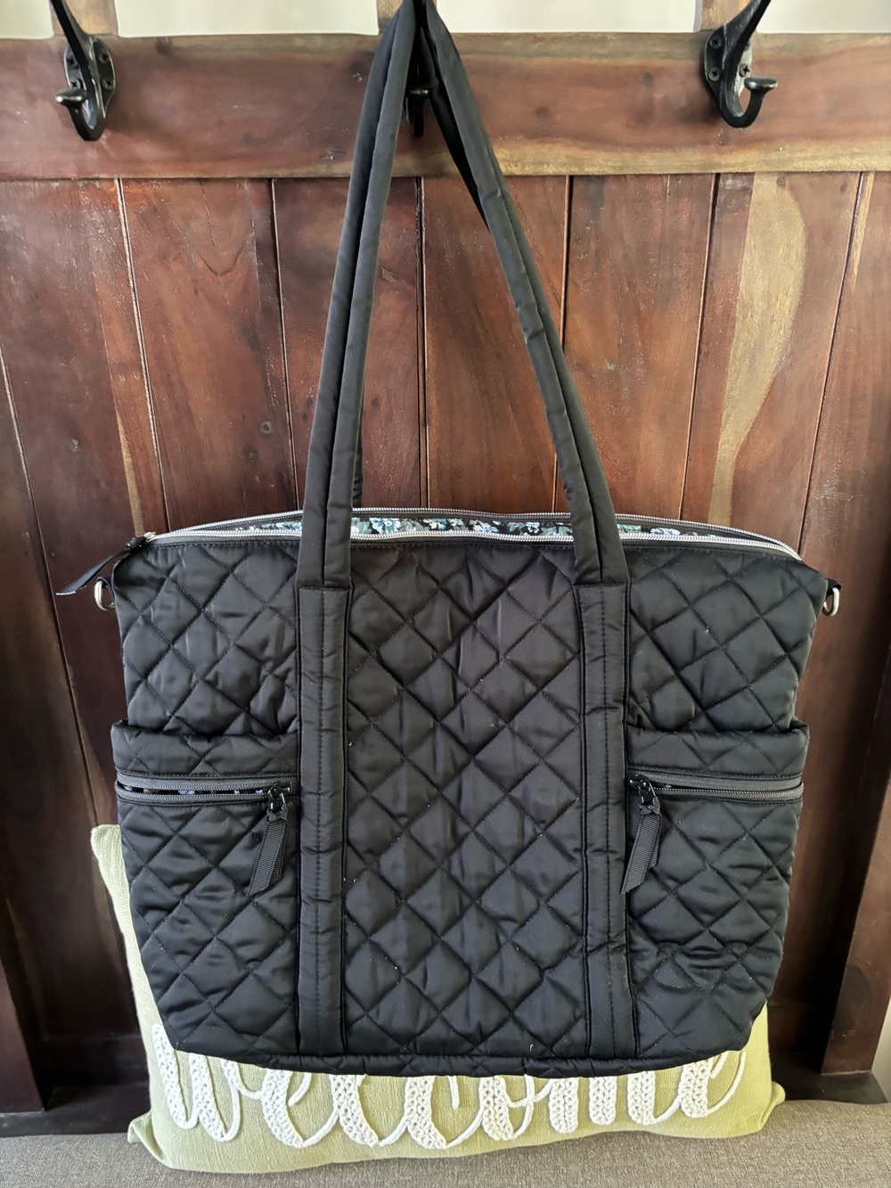 Quilted Black Tote Bag with Dual Front Pockets